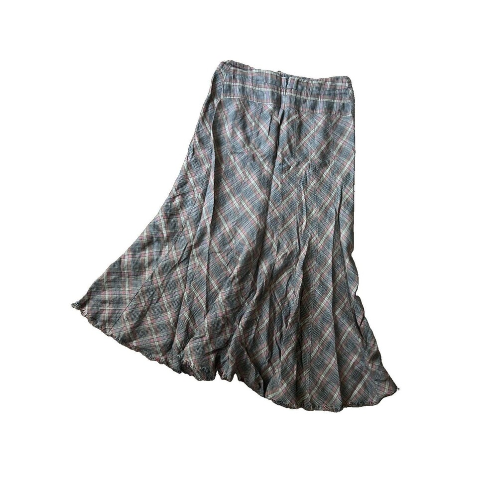Jigsaw Plaid Linen Midi Skirt Frayed Hem 12 UK US 8